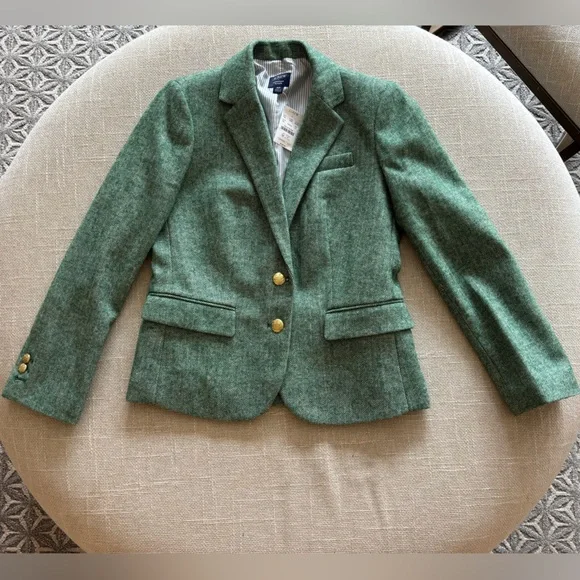 NWT J. Crew Herringbone Wool Blend Schoolboy Blazer Green Size 4P | Petite - Picture 2 of 9